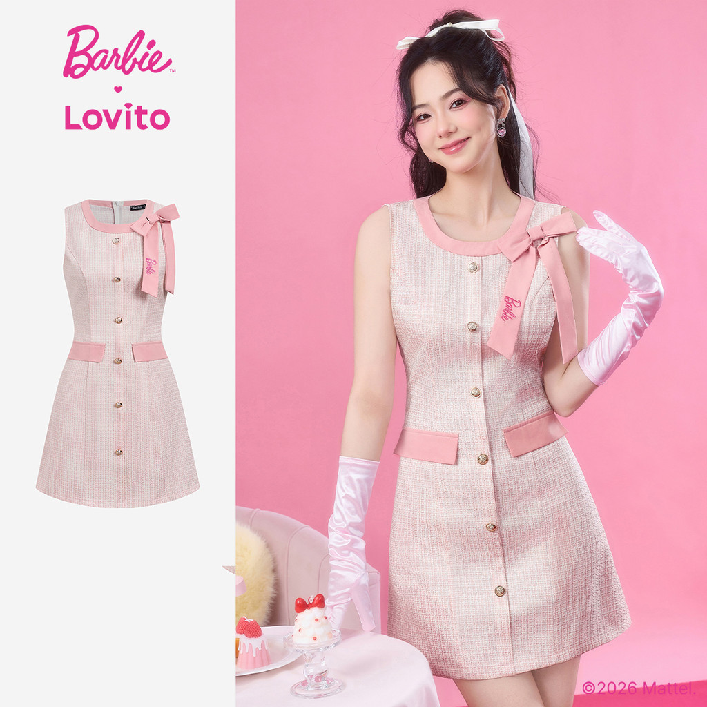 Barbie™ X Lovito เดรสลำลองสีชมพูสำหรับผู้หญิง ดีไซน์สวยหรู ปักลายหวานๆ สีสันสดใส เหมาะสำหรับฤดูใบไม้ผลิ/ฤดูร้อน เกาหลี อินเทรนด์ LB1AD033