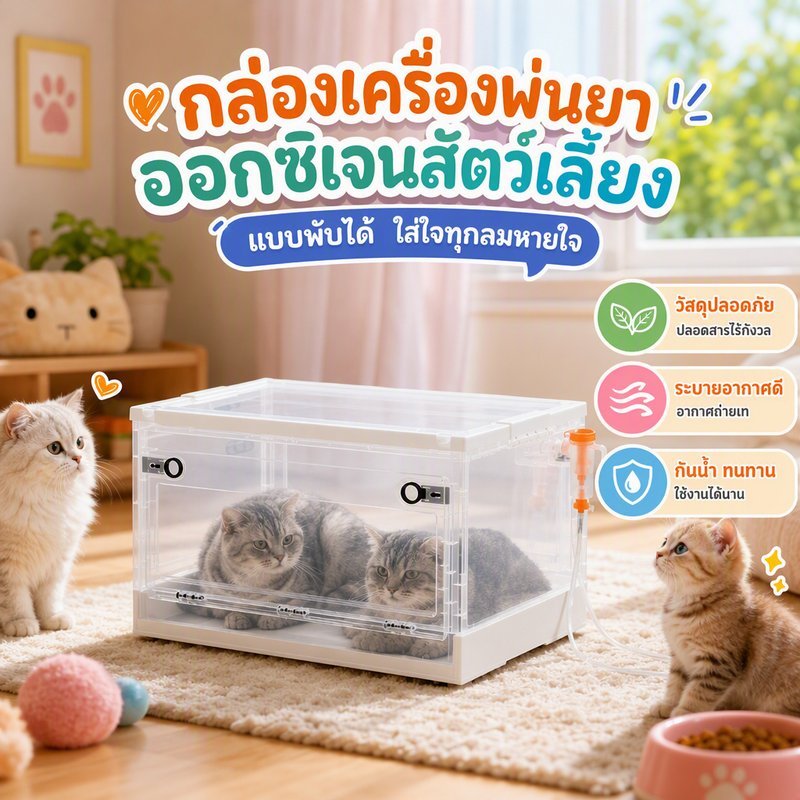 กล่องพ่นยาแมว กล่องทำละอองยา สัตว์เลี้ยง แบบพับได้ โปร่งแสง มีรูต่อเครื่องพ่นยา มีล้อ ทนทาน