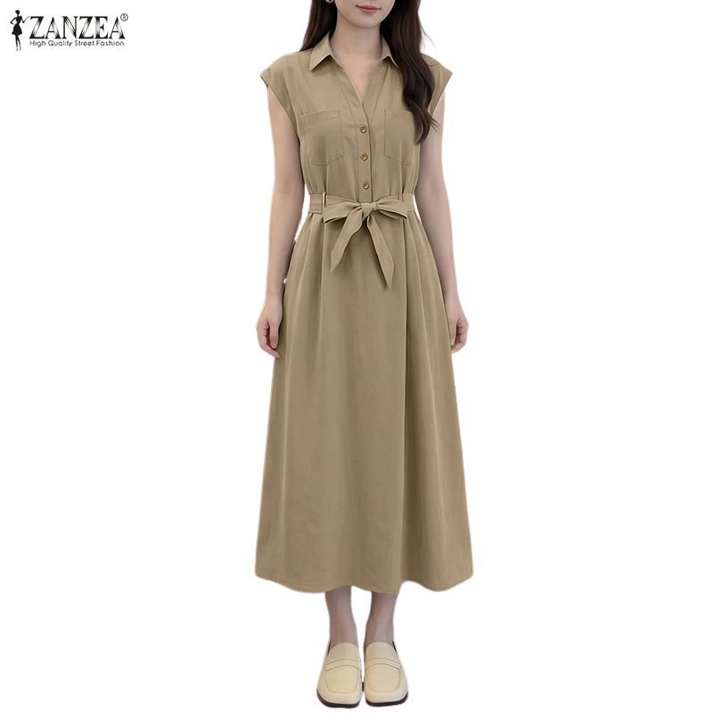 ZANZEA ชุดเดรสแขนสั้นปกแฟชั่นสตรีเกาหลีครึ่งตัว — صورة 4