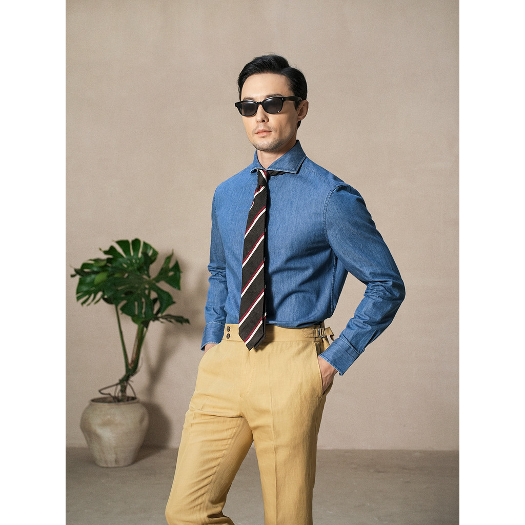 Abilu ฤดูใบไม้ผลิฤดูร้อน Denim ล้าง NAPOLI อิตาเลี่ยนสไตล์ Windsor Collar Retro สุภาพบุรุษ High-End 