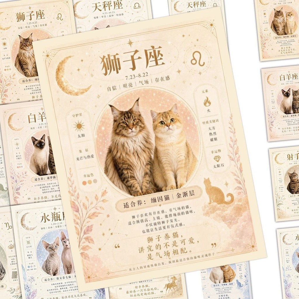 12 Constellation Cat Raising Illustrated Book Stickers Cat Raising Guide Cat Livice Popular Science 