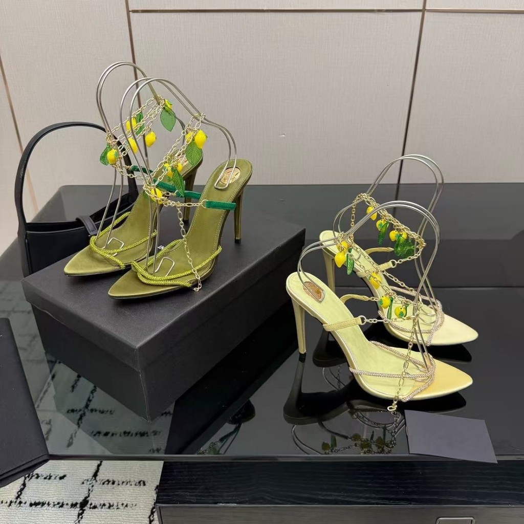 XZKF Y/S 26Summer new style pointed-toe rhinestone lemon pendant strap stiletto sandals open-toe sil