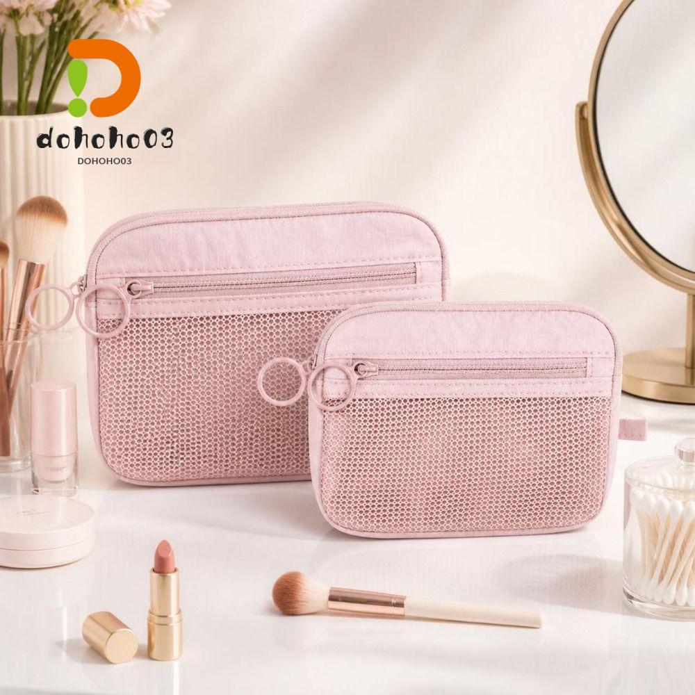 DOHOHPH Travel Organizer,Double Layer Pink Mesh Storage Pouch, Zipper Portable Nylon Cosmetic Bag fo