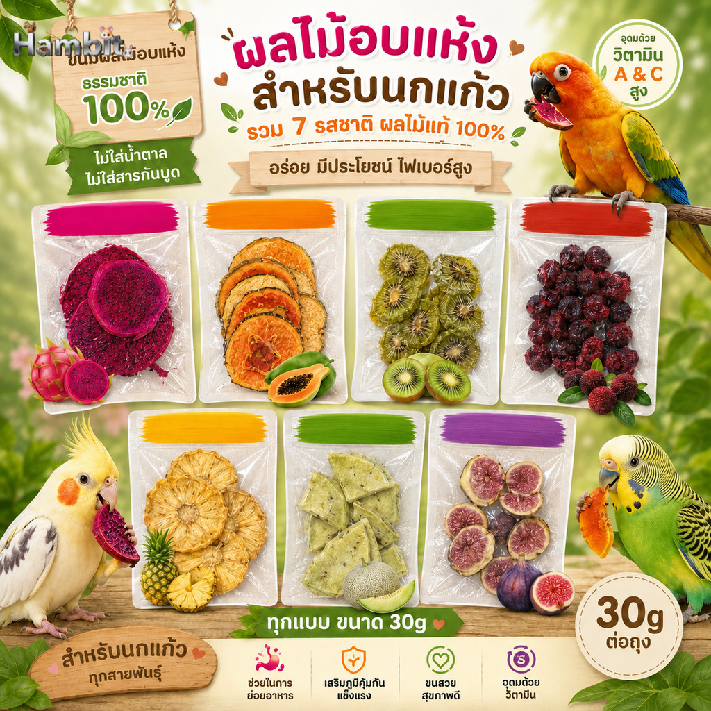 Hambit. ขนมสัตว์เลี้ยง แก้วมังกรแดงอบแห้ง & มะละกอบแห้ง 30g ธรรมชาติ ความอร่อย สำหรับกระต่าย แฮมสเตอร์ กระรอก นกแก้ว