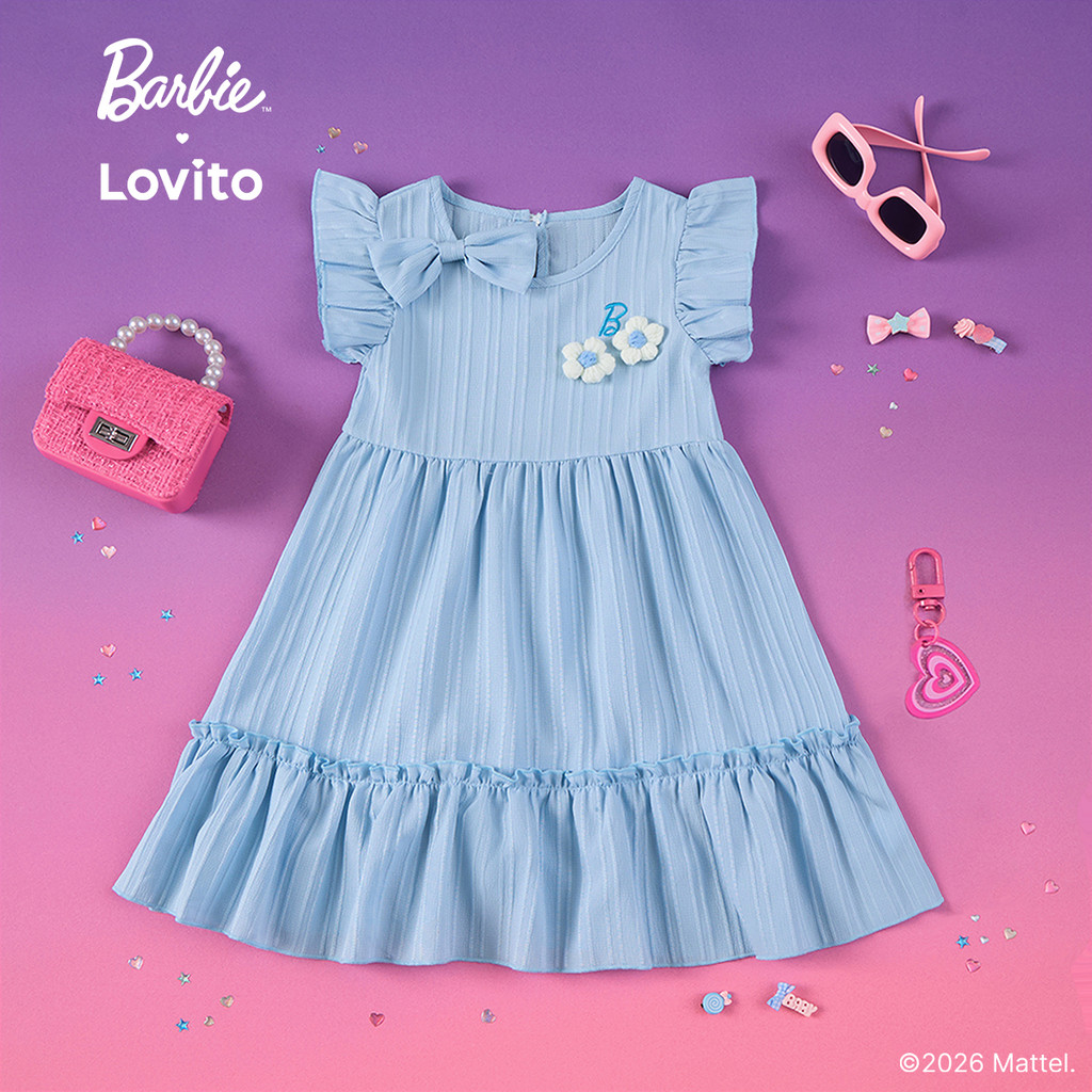 Barbie™ X Lovito Kids ชุดเดรสสีน้ำเงินเด็กผู้หญิง ฤดูใบไม้ผลิ/ร้อน ทรงปลายขาเข่า มีระบาย ปักลายและติดโบว์ เกาหลี อินเทรนด์ LBL5AD033