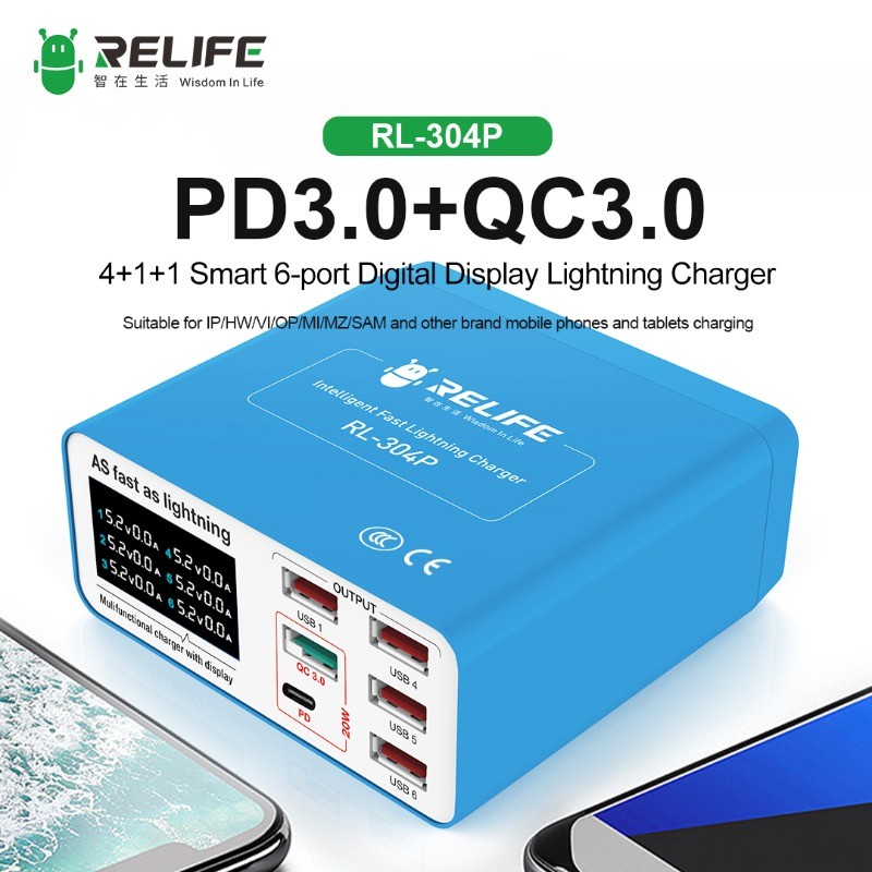 RELIFE RL‐304P 6-Port Smart Digital Display Charger PD3.0 QC3.0 Multi-Port Fast CHARGING Station สํา