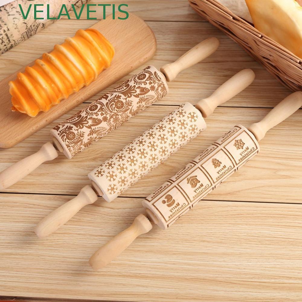 VELAVETIS Rolling Pin แม่พิมพ์คุกกี้ลายนูนแกะสลักไม้โฮมเมด