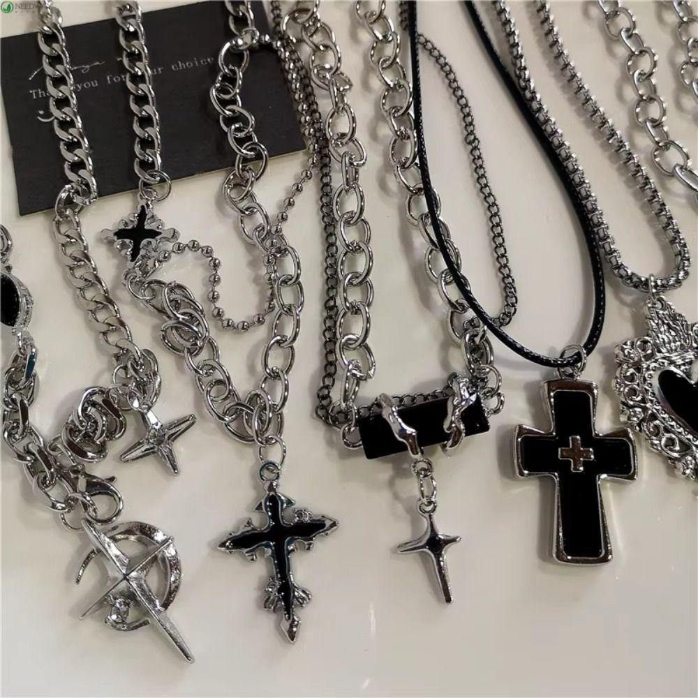 NEEDWAY Punk Rock สร้อยคอ, Street Vintage สังกะสี 90 S Y2K สร้อยคอ, แฟชั่นสีดําหัวใจเสื้อกันหนาว Coo