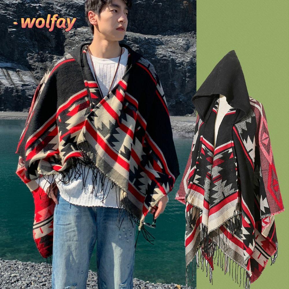 YOLANDA Hooded Poncho Shawl,พิมพ์เรขาคณิตขนาดใหญ่Fitแจ๊กเก็ตเดินทาง,Warm Faux Cashmere Fringeพู่Faux