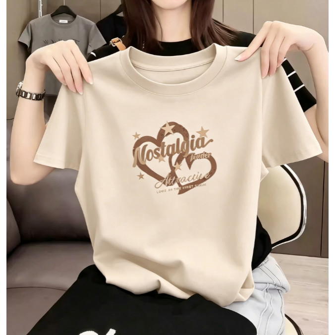 เสื้อยืดผู้หญิง ลายหัวใจวินเทจ Nostalgic Heart ผ้าฝ้ายนุ่ม ใส่สบาย สไตล์เรียบง่าย แขนสั้น