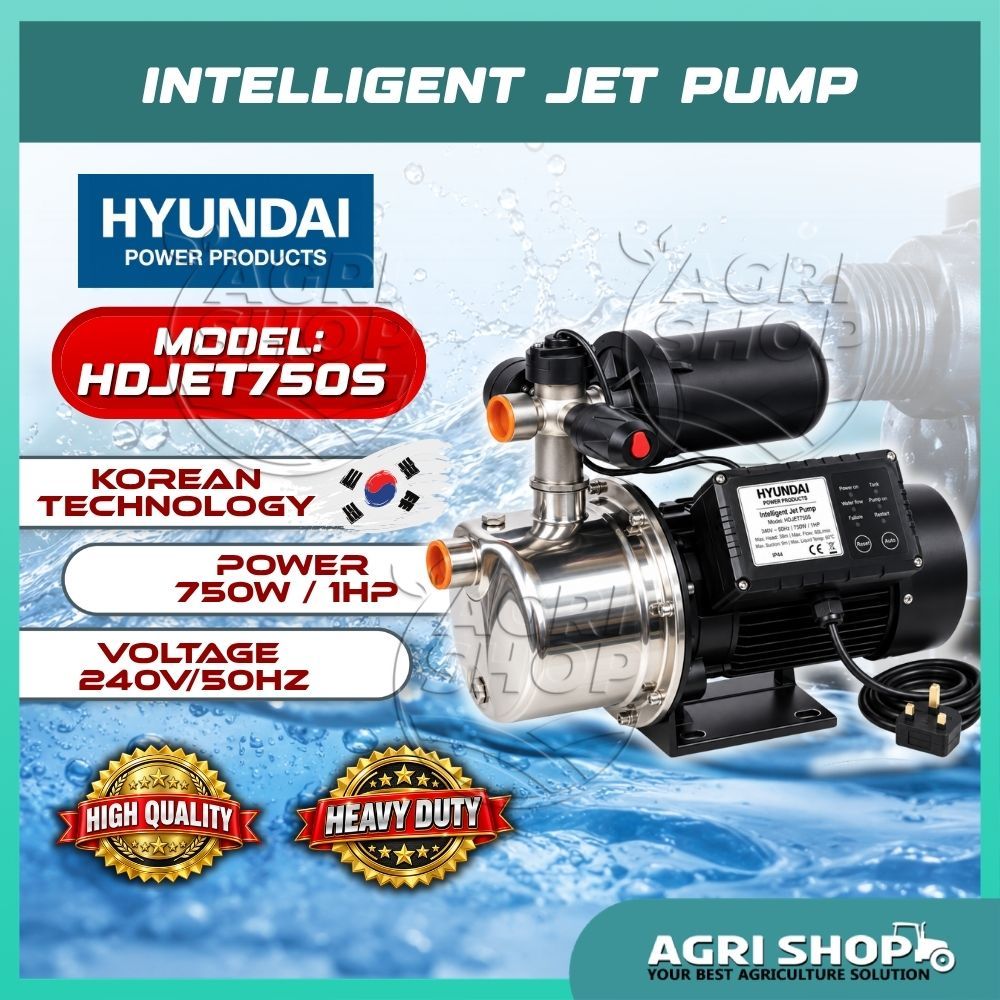 Agrishop HYUNDAI HDJET750S ปั๊มเจ็ทอัจฉริยะ 750W 1HP ปั๊มน้ําสแตนเลสเทคโนโลยีเกาหลี