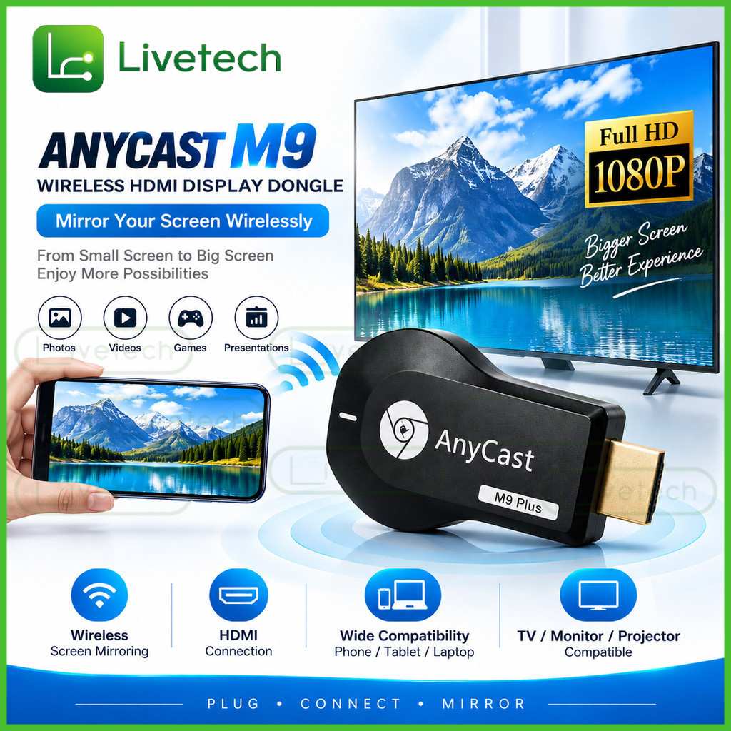 LiveTech M9 Plus หน้าจอทีวีขั้นสูง Mirroring HDMI รับ Anycast Ezcast Miracast Wireless Wifi สําหรับโ