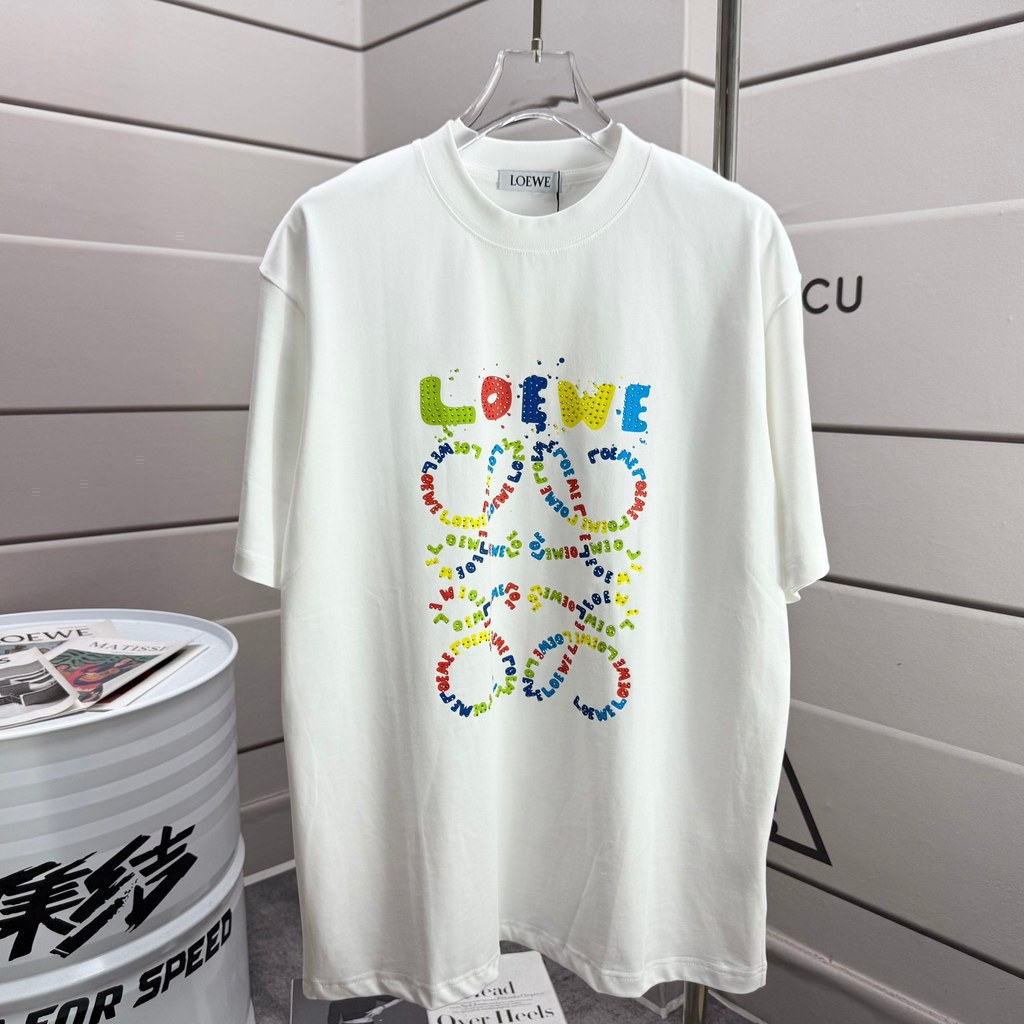 Loewe/Loewe/2026 เสื้อยืดคอกลมแขนสั้นสไตล์คู่ผู้ชายสไตล์ใหม่หลวม 2-Line Bottoming เสื้อเคาน์เตอร์ Sy