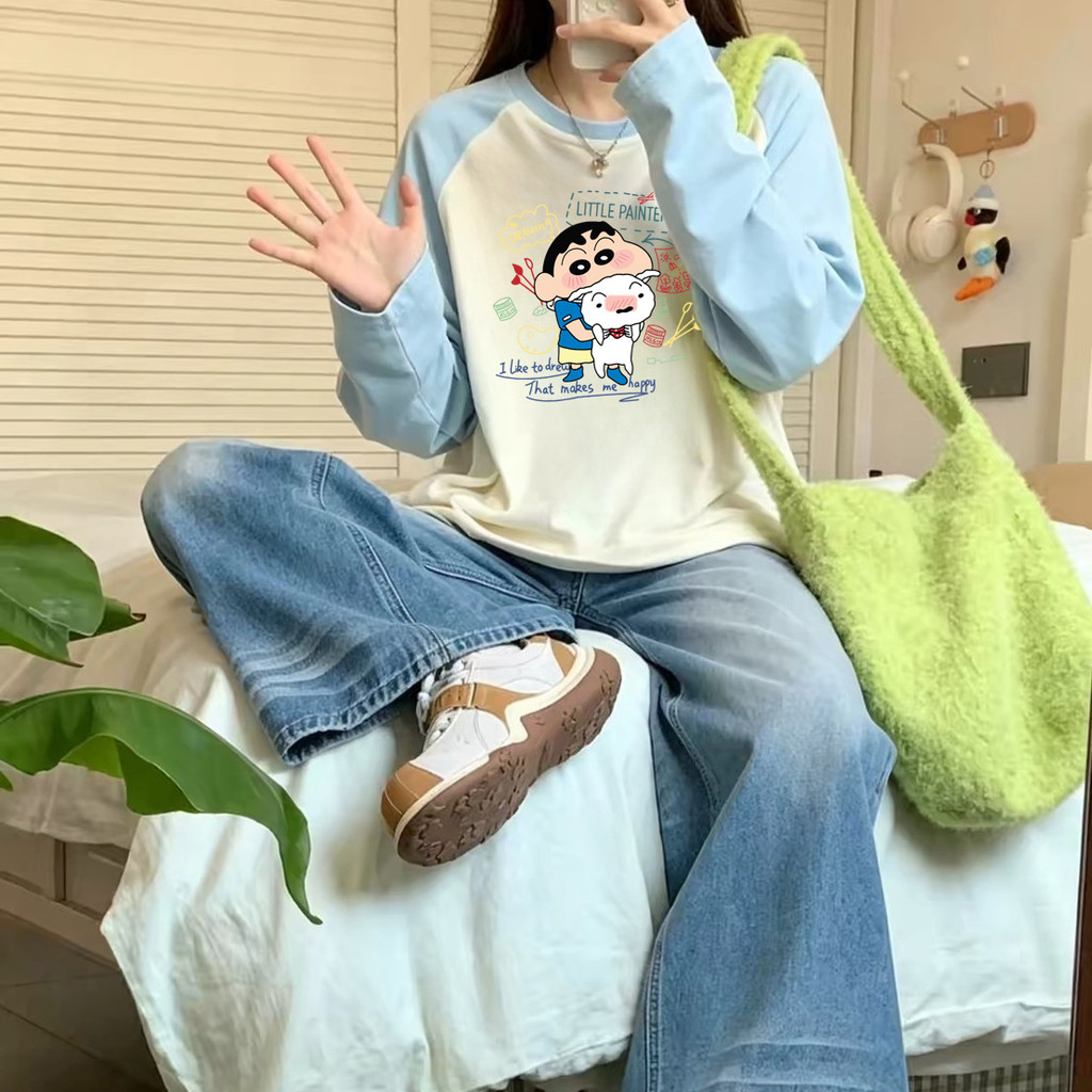 Fairy เสื้อยืดแขนยาว คอกลม ทรงหลวมขนาดใหญ่ สีพื้น พิมพ์ลายชินจังการ์ตูนน่ารัก แฟชั่นฤดูใบไม้ผลิและฤดูใบไม้ร่วง #B010-1