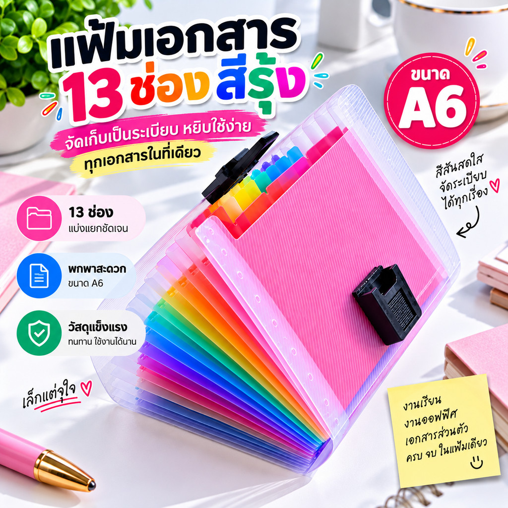 KIKI แฟ้มเอกสารแบ่งช่อง 13ช่อง สีรุ้ง A6 แบ่งเเยกชัดเจน กระเป๋าแฟ้มซอง กระเป๋าเอกสาร เครื่องเขียน