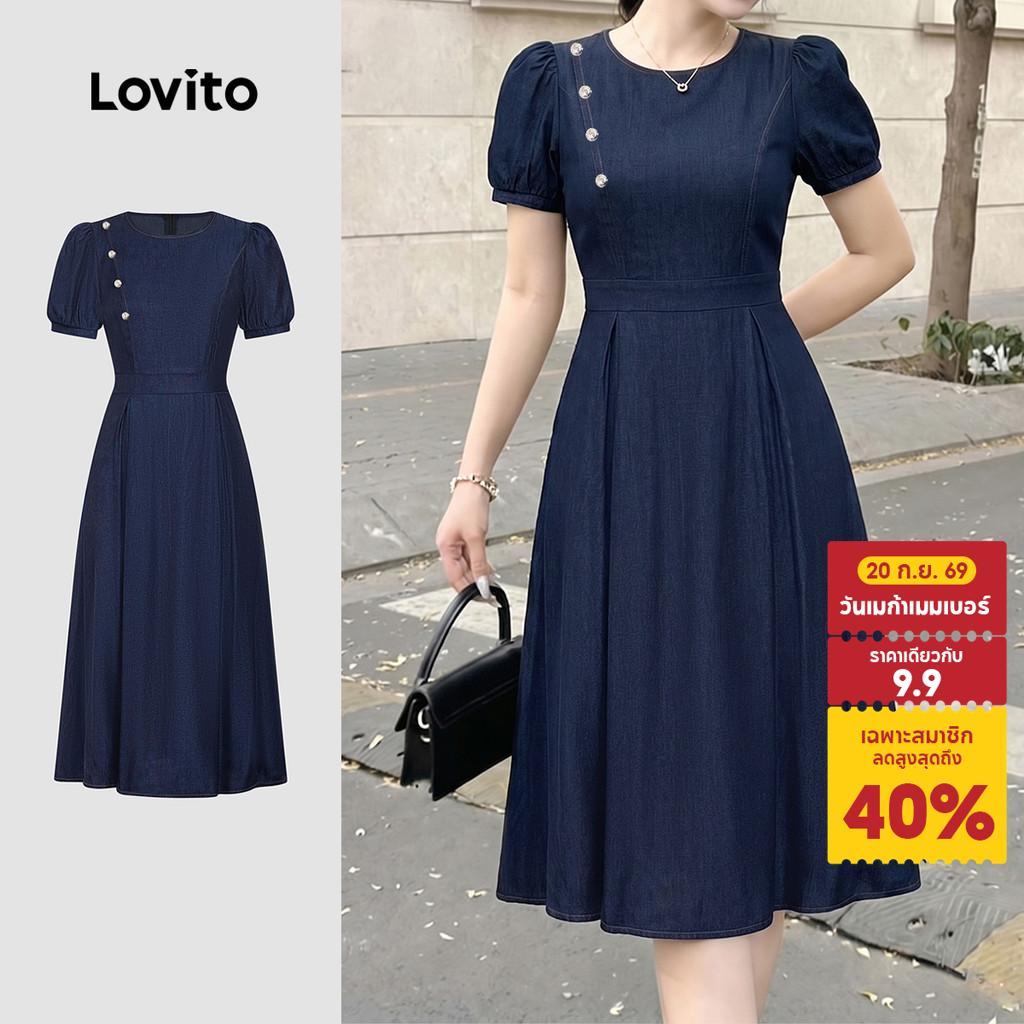 Lovito เดรสกระดุมเดรปสีน้ําเงินกรมท่าสุดหรูสําหรับฤดูใบไม้ผลิ/ฤดูร้อนสําหรับผู้หญิง L198ED254