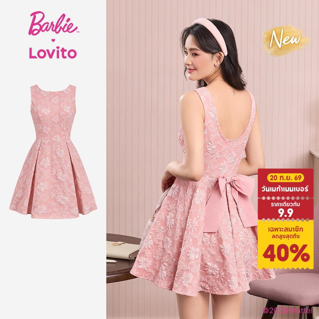 (New Arrival) Barbie™ X Lovito เดรสผู้หญิงหรูหรา ผ้าแจ็คการ์ด ปักลาย จีบ สีชมพู สำหรับฤดูใบไม้ผลิ/ฤดูร้อน DRBL6PAD016