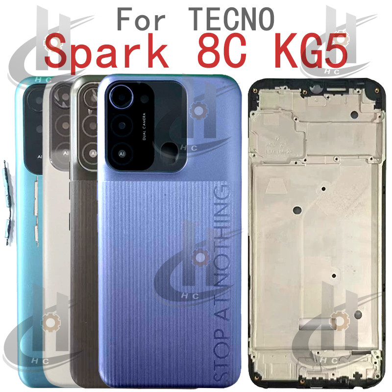 สําหรับ Tecno Spark 8C KG5K KG5JBattery ฝาหลังกรอบกลาง + ปุ่ม + กรอบหน้า LCD + เลนส์กรอบกล้อง