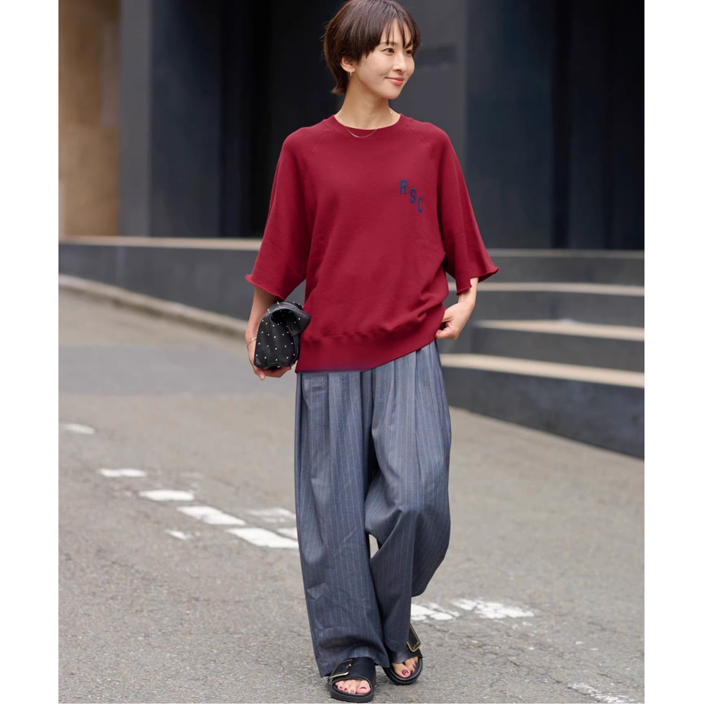 JS re1ume Simple Letter พิมพ์โปรไฟล์หลวมเทอร์รี่ผ้าฝ้ายรอบคอ Top Distressed American Casual ครึ่งแขน