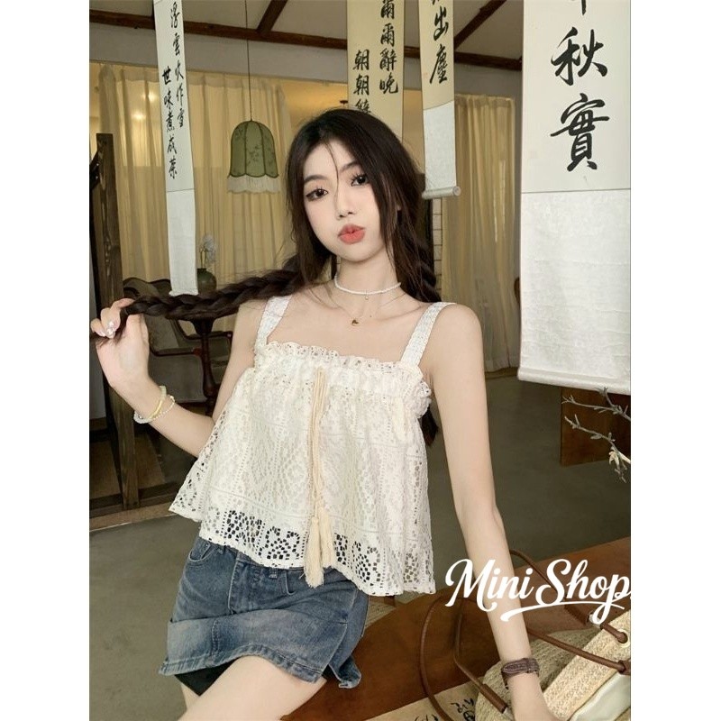 Mini shop🌸พร้อมส่ง🌸เสื้อกล้ามถักไหมพรม สไตล์เกาหลีลายลูกไม้ -C(61622) รูปที่ 6