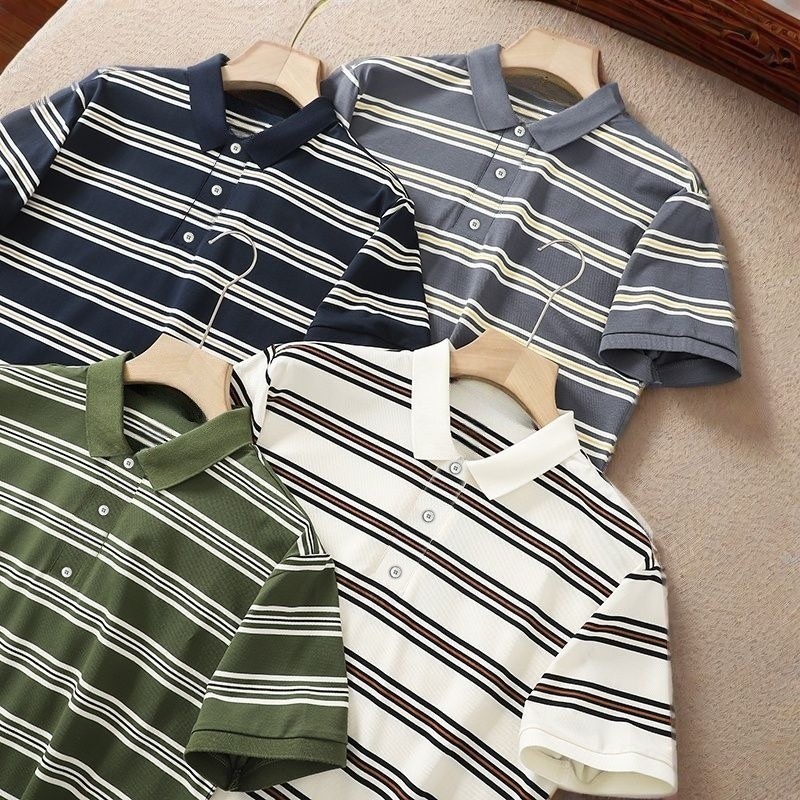 Chaistyle เสื้อโปโลลายทางสำหรับฤดูร้อน  สีต่อ  แขนสั้นชายวัยกลางคน  แบบหลวม  แมทช์ลุคง่าย