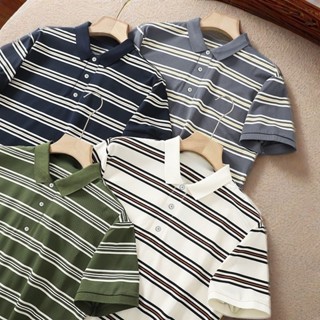 Chaistyle เสื้อโปโลลายทางสำหรับฤดูร้อน  สีต่อ  แขนสั้นชายวัย…