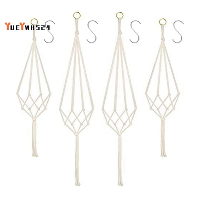 [ขายดี Y4]ตะกร้าแขวน 4 แพ็คเชือกฝ้าย Macrame ไม้แขวนเสื้อ 80 ซม.และ 100 ซม.