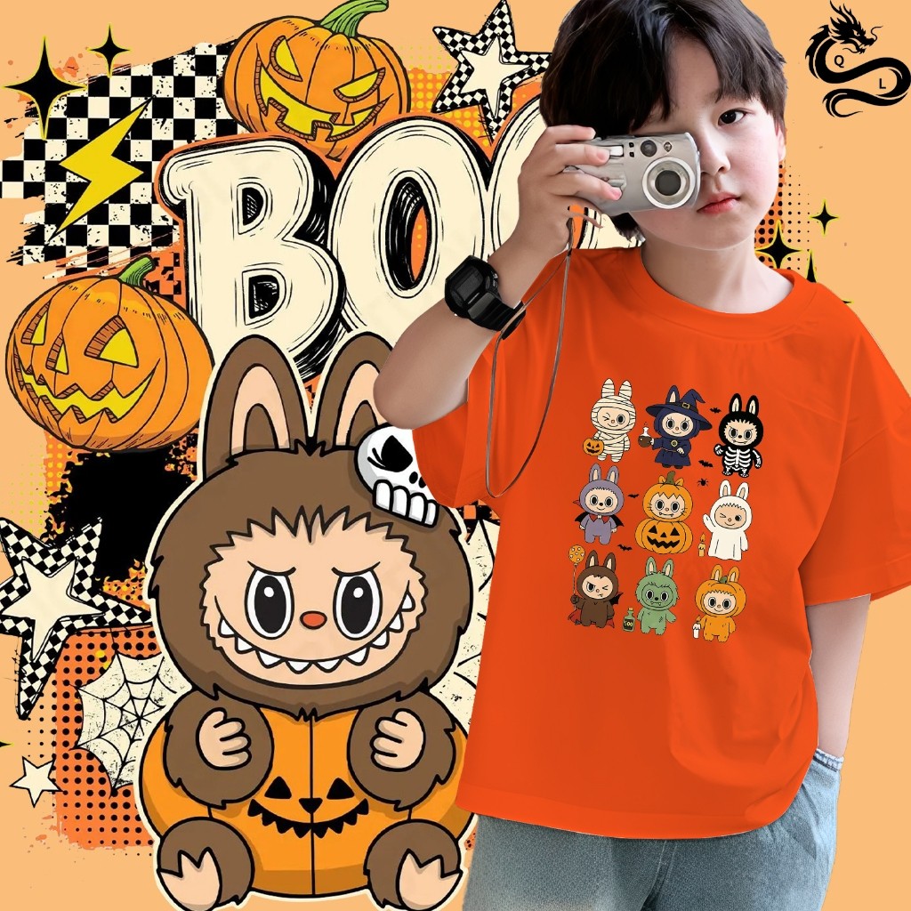 2025 FUZZY Spooky Labubu เด็กฮาโลวีนเสื้อ 100-150 ซม.ฮาโลวีนผู้ใหญ่แขนสั้นผ้าฝ้าย S-5XL 05
