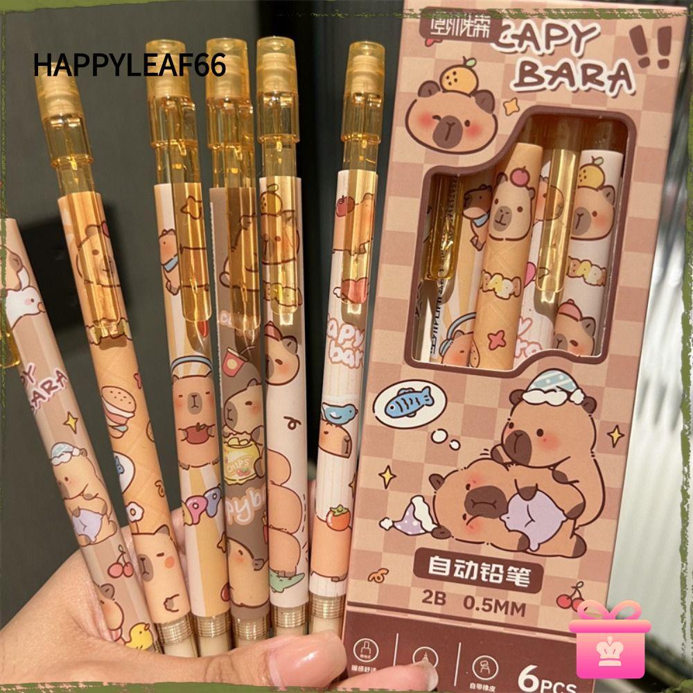 HAPPYLEAF66 6 ชิ้นดินสออัตโนมัติ,พร้อมยางลบกด Capybara ดินสอกด,การ์ตูน Kuromi/Loopy/Melody 0.5 มม.เขียนเครื่องมือ Propelling ดินสอ Art ภาพวาดอุปกรณ์