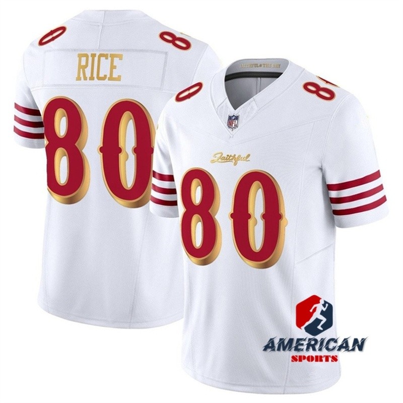 เสื้อทีม San Francisco 49ers ปี 2025 ลายพิเศษ Jerry Rice แบบ Limited Edition สีขาวและ.gold