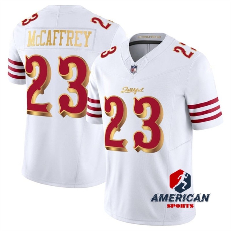 Mens San Francisco 49ers Christian McCaffirey White Gold 2025 Limited American Football Jersey