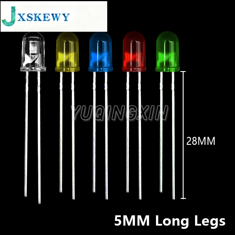 50 ชิ้นขายาว 3 มม.5 มม.LED สีขาวสีเขียวสีแดงสีฟ้าสีเหลืองสีส้ม F5 28 มม.F3 27 มม.ความยาว Emitting Di