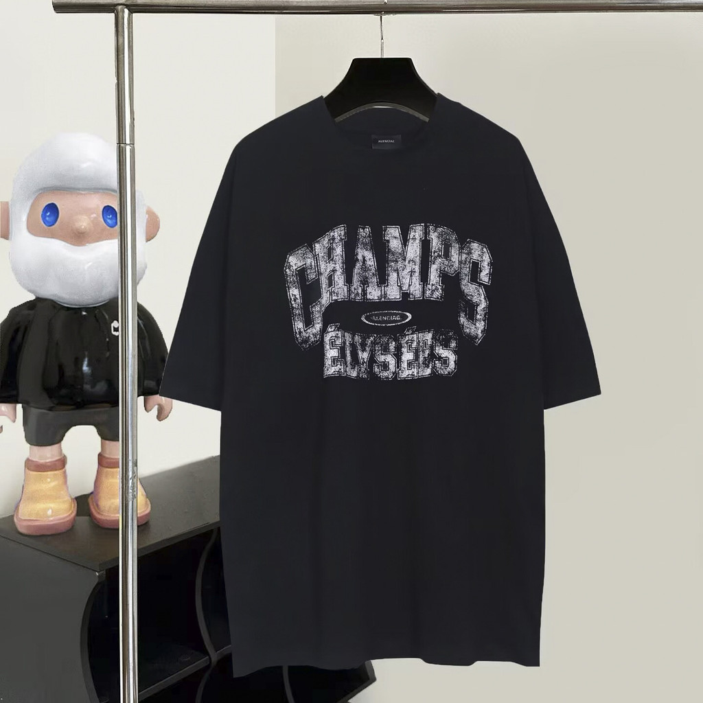 Balenci ** 1: 1 Original Label Real Shot Blurry Distressed Letter รูปแบบแขนสั้นผู้ชายผู้หญิง Street 