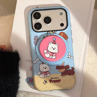 การ์ตูนน่ารักปาร์ตี้ลูกสุนัขภาพประกอบที่วางขาตั้งแม่เหล็กเคสไอโฟนเข้ากันได้สําหรับ ไอโฟน 17 มือโปร สูงสุด 17 มือโปร 17 อากาศ 17 16 15 14 13 12 11 ต่อต้าน หยดฮาร์ดพีซีเคลือบฝาหลั