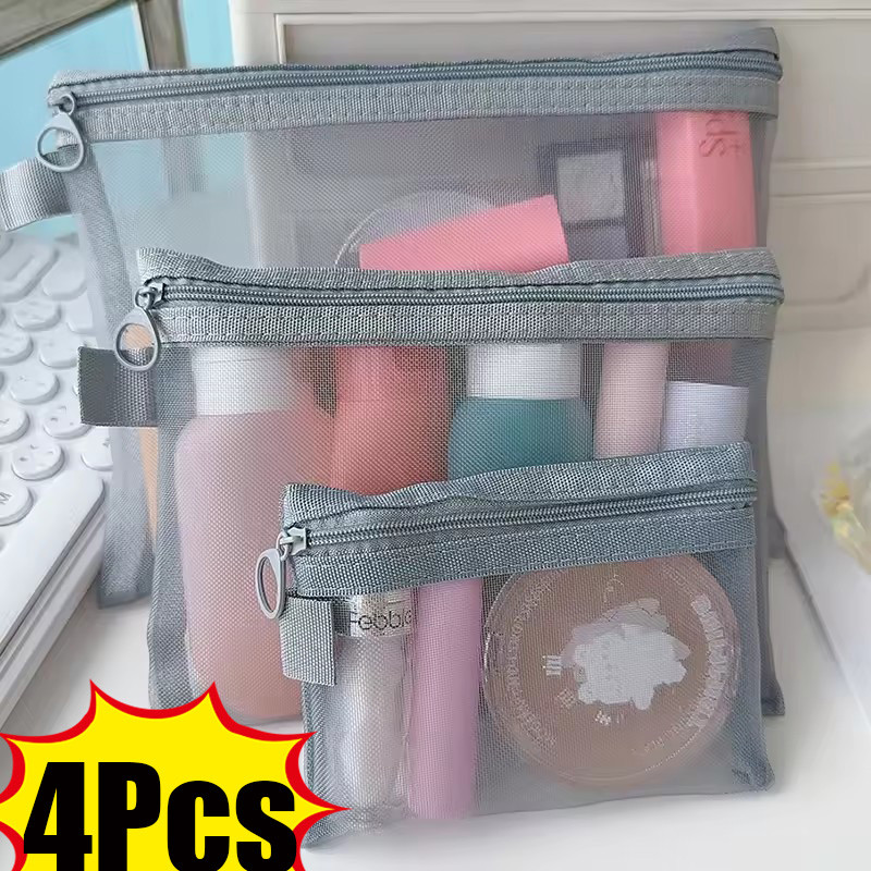 กระเป๋าเครื่องสําอางตาข่ายสีเทา - สําหรับใช้ทุกวัน, กระเป๋าแต่งหน้า - Outdoor&Travel Organizer - ที่เก็บกระเป๋า 3 ขนาด - ความจุขนาดใหญ่, โปร่งใส, พกพา