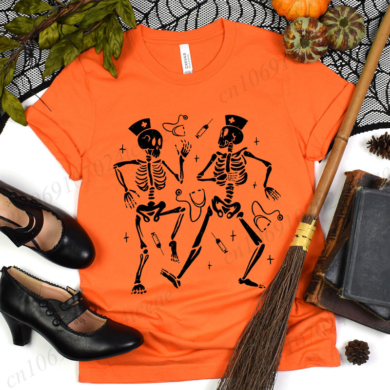 Women Y2k Grunge T-Shirt 2000s Vinage Skeleton Nurse Print T-Shirt Halloween Nurse Aesthetics Haraju