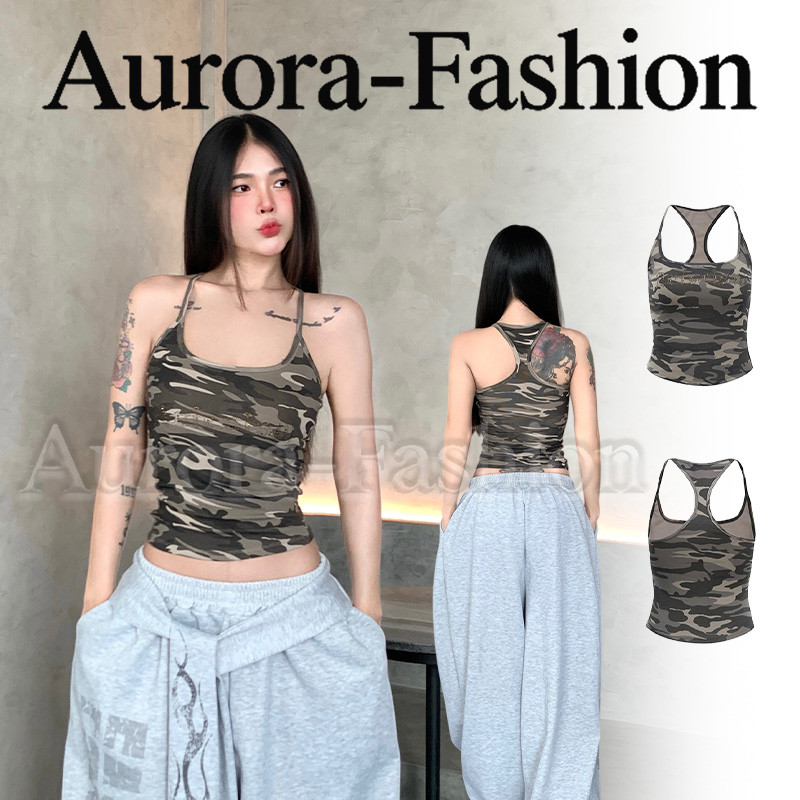 Aurora🛒พร้อมส่ง🚚 (รูปถ่ายจากงานจริง) เสื้อกล้ามเสริมฟองน้ำ ลายทหาร เรียบๆใส่ง่ายสบาย สไตล์เกาหลี