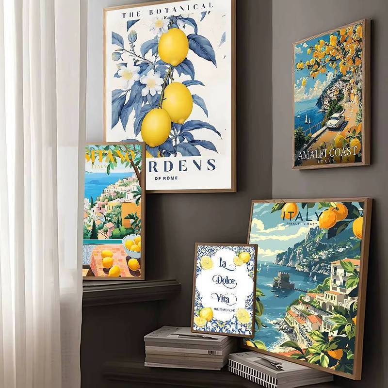 ภาพวาดผ้าใบธีมเมดิเตอร์เรเนียนและมะนาว สไตล์การ์ตูน สีสดใส สำหรับตกแต่งผนังบ้าน