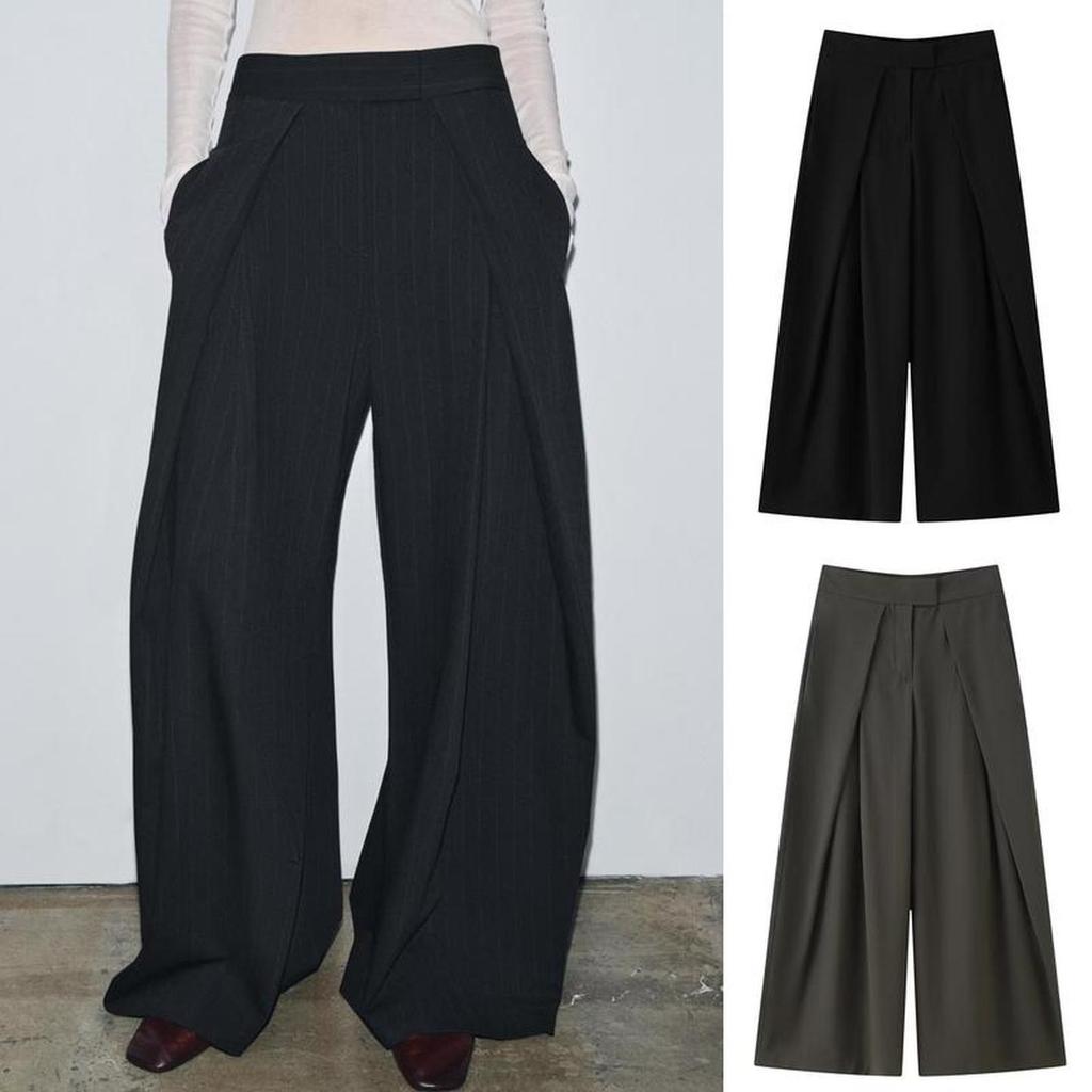 ZARA 2025 ต้นฤดูใบไม้ร่วงสไตล์ใหม่ Casual All-Match สบายจีบรายละเอียดกางเกงหลวมกางเกงเอวกลาง8219100