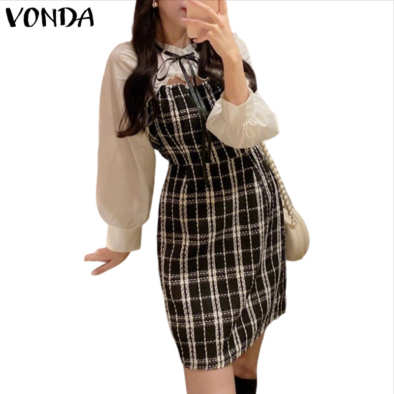 VONDA ชุดเสื้อผ้าผู้หญิงแขนยาวสไตล์เกาหลี คอวีหรูหรา มีโบและระบาย เหมาะสำหรับโอกาสพิเศษ