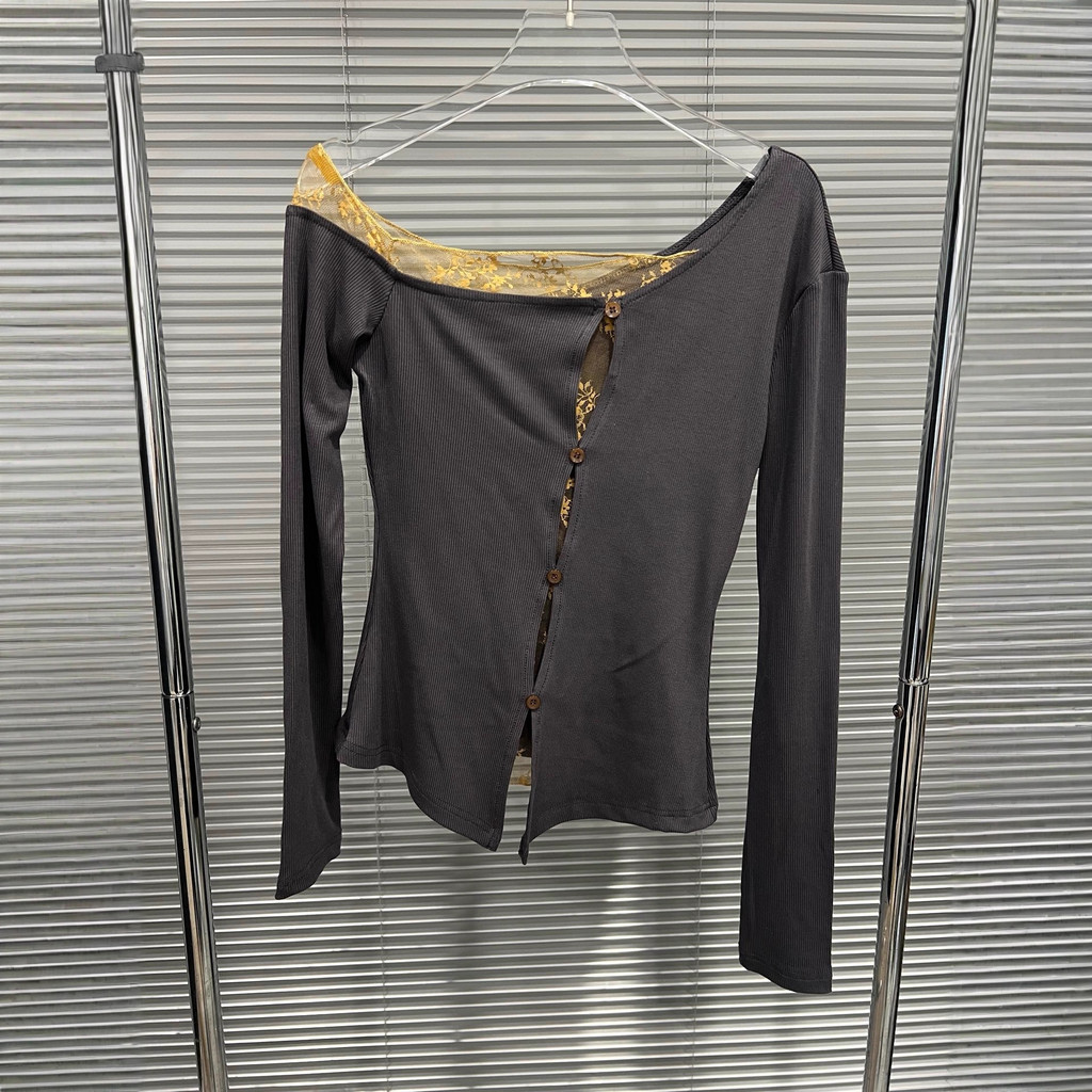 XR7L 2025New Autumn/Winter Single-Shoulder Niche Design Lace Patchwork Long-Sleeve Knit T Women's T-