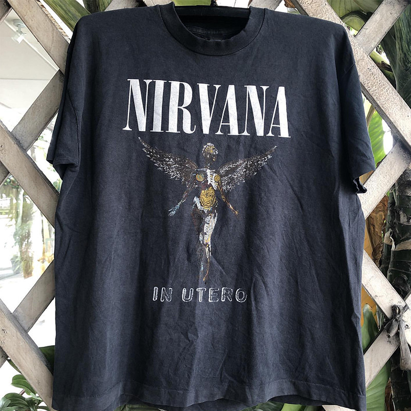 Nirvana Band Retro สไตล์ Cec Angel Rock 200GSM ผ้าฝ้าย 100% แขนสั้น High Street Hip-hop ผู้ชายและผู้