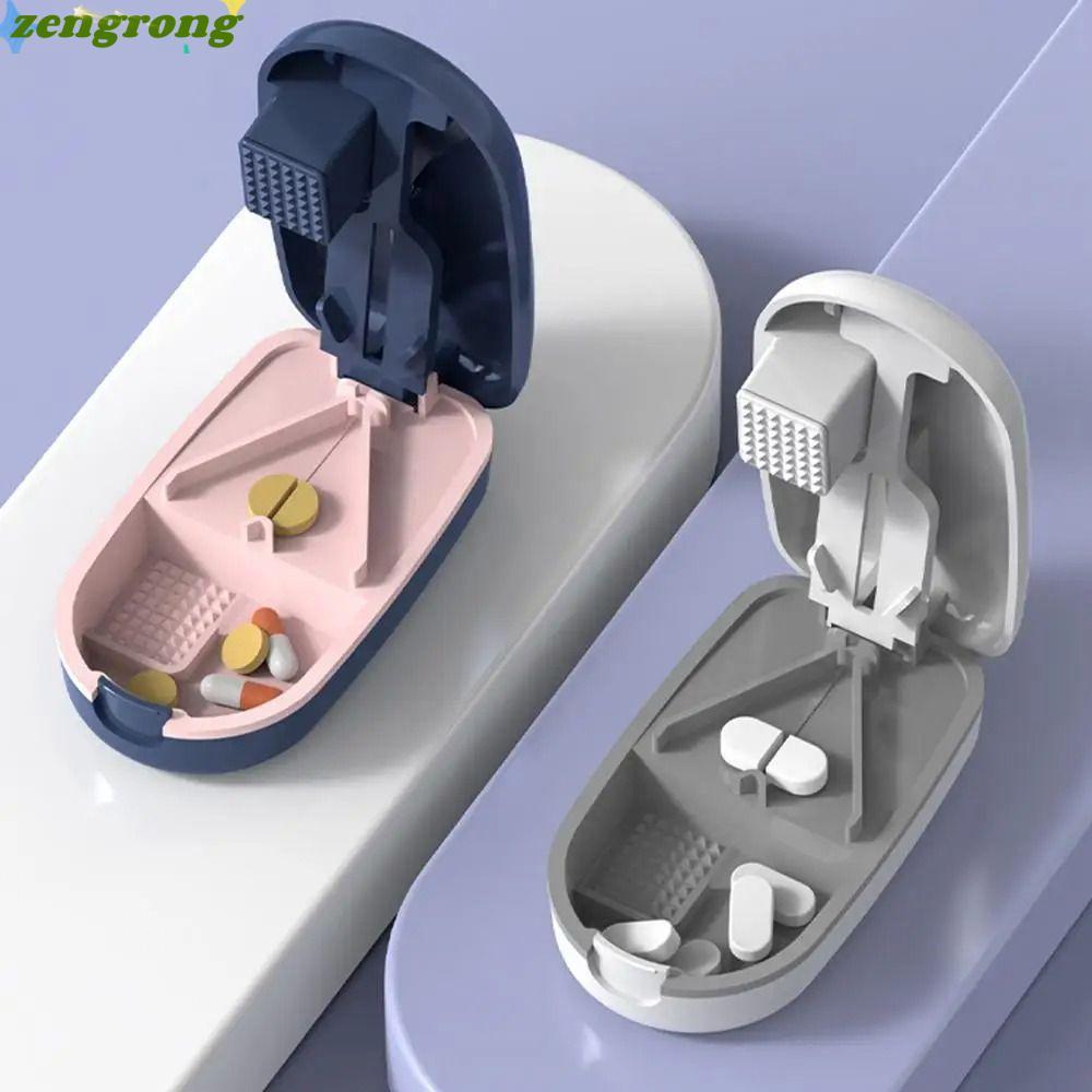 ZENGRONG กล่องยาพร้อมเครื่องตัดยา, เครื่องบดยามัลติฟังก์ชั่น 3 in 1, กล่องเก็บแท็บเล็ตยาขนาดเล็กแบบพกพาสําหรับเดินทางที่บ้าน