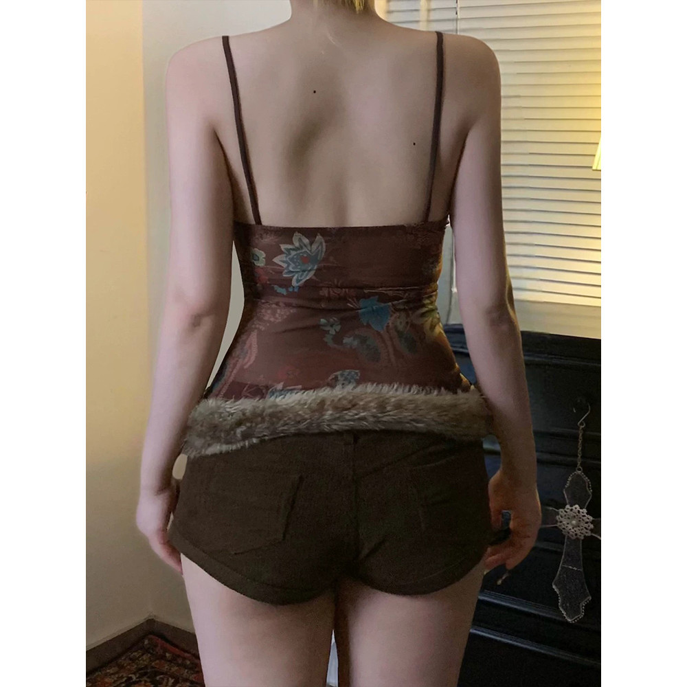 Nemo store🌸#FY1189 เสื้อสายเดี่ยว ลายดอกไม้ สไตล์โบฮี่เมี่ยน สีน้ำตาลธรรมชาติ - รูปที่ 3