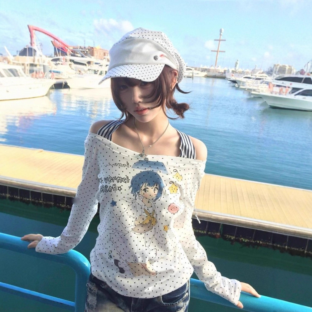 [210Gram40Pure Cotton]American Retro Polka Dot Print Off-Shoulder Slim Fit Color-Block Versatile Top