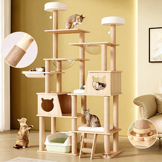 คอนโดแมวไม้ ที่ปีนแมว เหมาะสำหรับเลี้ยงน้องแมว4-6ตัว cat tree tower คอนโดแมว คอนโดแมวราคาถูกสูง215CM ไม้สวยไร้เหลี่ยมคม