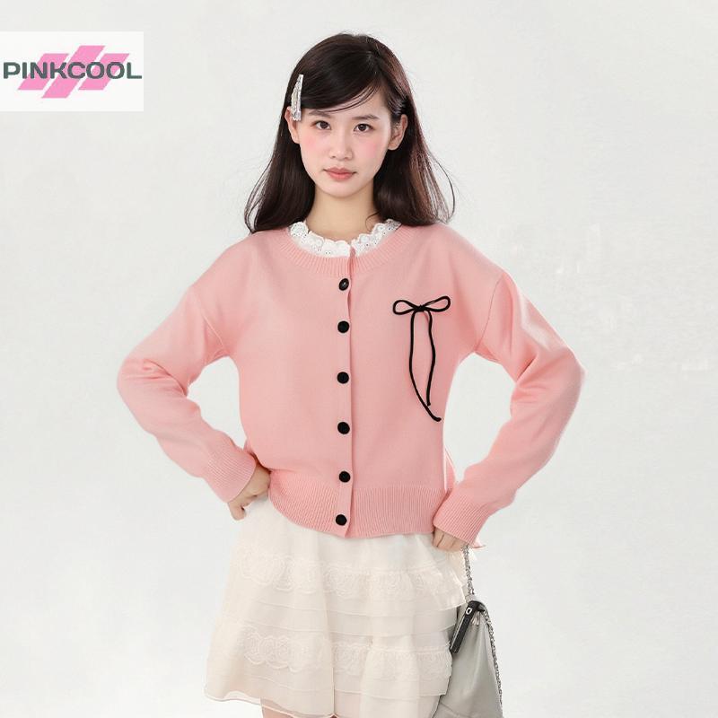 PINKCOOL เกาหลีโบว์ลูกไม้ Patchwork ถักเสื้อสเวตเตอร์ถักผู้หญิงฤดูใบไม้ร่วงหวานอายุลดเสื้อกันหนาว HOT