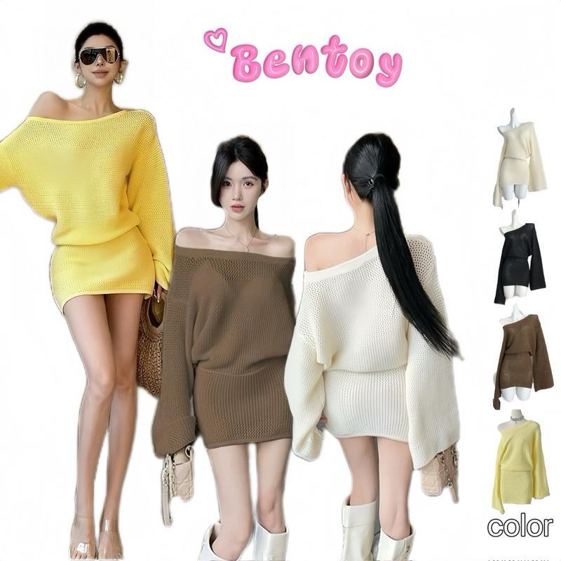 bentoy พร้อมส่งในไทย T136 ชุดเดรส ชุดสเวตเตอร์ถัก แขนยาว ปาดไหล่ ไหล่เฉียง สไตล์สาวฮอต