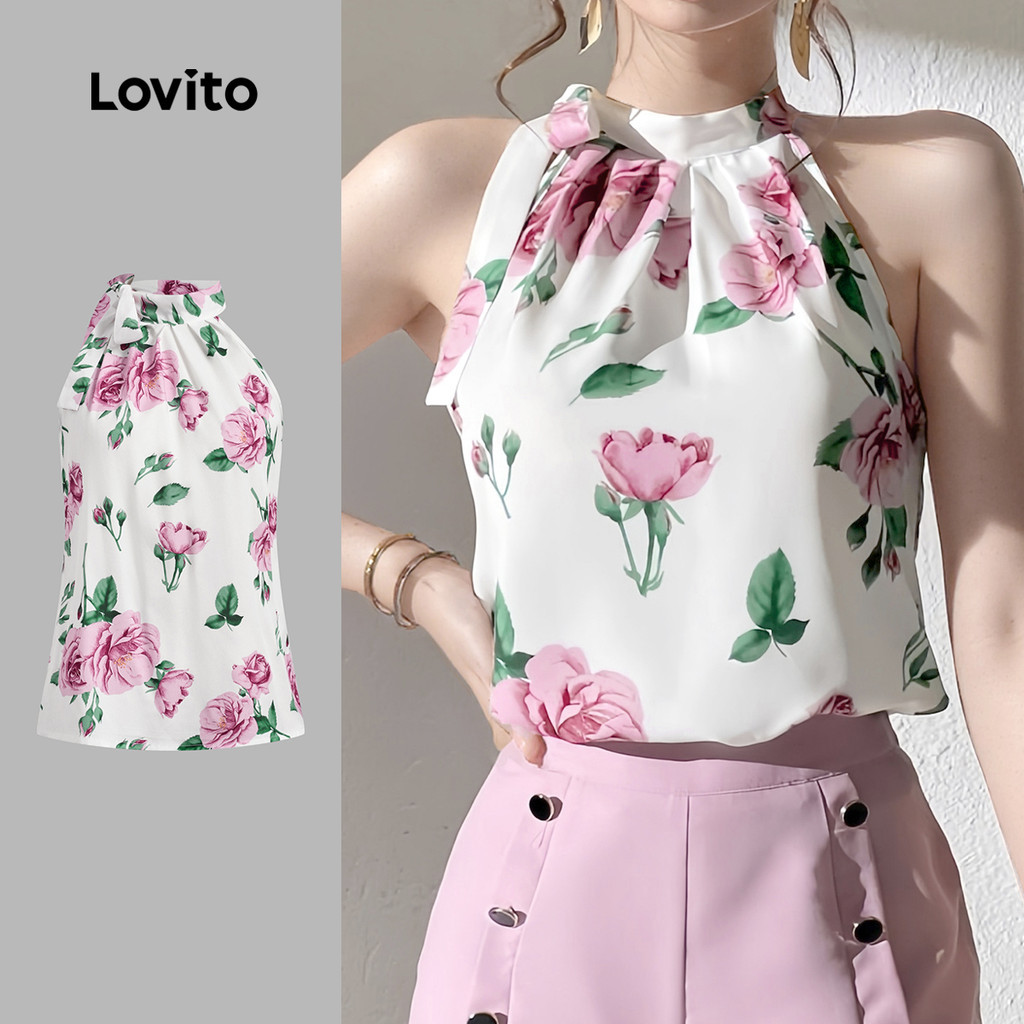 Lovito เสื้อบีโฮท็อปลูกไม้แบบไขว้ด้านข้าง ดีไซน์ไม่สมมาตร นุ่มสบาย เหมาะสำหรับฤดูใบไม้ผลิ/ฤดูร้อน สีขาว L137ED397