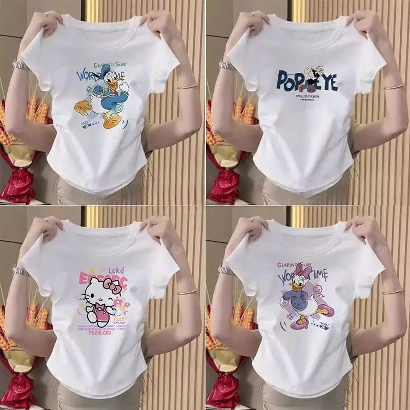 [S-XL มีหลายขนาด] เสื้อยืดคอกลมแขนสั้นเข้ารูปพิมพ์ลายการ์ตูนแฟชั่นสาวฮอตสำหรับฤดูร้อน